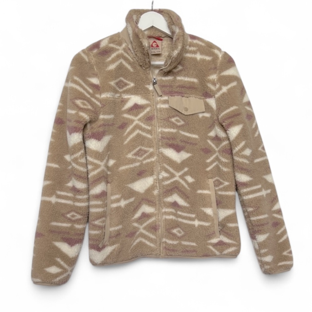 Gerry Rena Cabin Geo women zip up Beige Fleece teddy jacket crop Western S